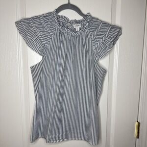 J Crew Blouse Women M Blue White Striped Cotton Ruffle Neck Top Flutter Sleeve